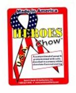 HEROES CHOW U.S.A. MADE IN AMERICA A CUSTOM BLEND OF CEREAL & PRETZEL MIXED WITH NUTS, DRENCHED IN A CREAMY WHITE CHOCOLOTE FLAVORED COATING