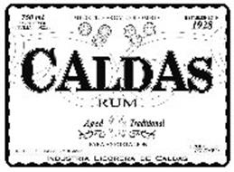 CALDAS RUM, 750 ML 35% ALC/VOL INVIMA L-002299 IMPORTED FROM COLOMBIA ESTABLISHED IN 1928 AGED TRADITION DISTILLED FROM CANE MOLASSES PARA EXPORTACION PRODUCT OF COLOMBIA INDUSTRIA LICORERA DE CALDAS