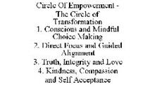 CIRCLE OF EMPOWERMENT - THE CIRCLE OF TRANSFORMATION 1. CONSCIOUS AND MINDFUL CHOICE MAKING 2. DIRECT FOCUS AND GUIDED ALIGNMENT 3. TRUTH, INTEGRITY AND LOVE 4. KINDNESS, COMPASSION AND SELF ACCEPTANCE