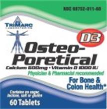 OSTEO-PORETICAL CALCIUM 600MG · VITAMIN D 1000 IU PHYSICIAN & PHARMACIST RECOMMENDED FOR BONE & COLON HEALTH CONTAINS NO SUGAR, LACTOSE, SALT OR GLUTEN 60 TABLETS TRIMARC LABORATORIES D3 NDC 68752-011-60