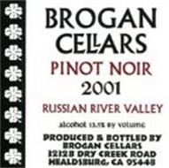 BROGAN CELLARS PINOT NOIR 2001 RUSSIAN RIVER VALLEY ALCOHOL 13.5% BY VOLUME PRODUCED & BOTTLED BY BROGAN CELLARS 3232B DRY CREEK ROAD HEALDSBURG, CA 95448