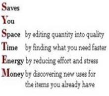 SAVES YOU SPACE BY EDITING QUANTITY INTO QUALITY TIME BY FINDING WHAT YOU NEED FASTER ENERGY BY REDUCING EFFORT AND STRESS MONEY BY DISCOVERING NEW USES FOR THE ITEMS YOU ALREADY HAVE