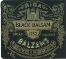 RIGA BLACK BALSAM RIGAS MELNAIS BALZAMS HERBAL BITTER PRODUCT OF LATVIA SINCE 1752 RAZOSANU PARRAUGA "SPI GROUP". RAZOTS UN PILDITS LATVIJA. PRODUCED FOR S.P.I. GROUP. PRODUCED & BOTTLED IN LATVIA ALK. 45% TILP. TILP. 0,04L