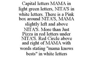 CAPITAL LETTERS MAMA IN LIGHT GREEN LETTERS, NITA'S IN WHITE LETTERS. THERE IS A PINK BOX AROUND NITA'S, MAMA SLIGHTLY LEFT AND ABOVE NITA'S. MORE THAN JUST PIZZA IN RED LETTERS UNDER NITA'S. RED CIRCLE ABOVE AND RIGHT OF MAMA WITH WORDS STATING 