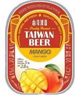 BEER WITH FRUIT FLAVOUR; NATURAL AND FRESH; QUALITY AND TASTY; FRESHLY BREWED; TAIWAN BEER MANGO FRUIT BEER; 330 ML CONTAIN FRUIT JUICE 5% ALC 2.8%