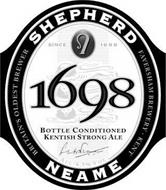 SHEPHERD NEAME SINCE 1698 1698 BOTTLE CONDITIONED KENTISH STRONG ALE ALC. 6.5 % VOL. BRITAIN'S OLDEST BREWER FAVERSHAM BREWERY KENT