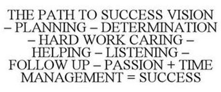 THE PATH TO SUCCESS VISION - PLANNING -DETERMINATION - HARD WORK CARING - HELPING - LISTENING - FOLLOW UP - PASSION + TIME MANAGEMENT = SUCCESS