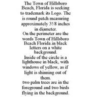 THE TOWN OF HILLSBORO BEACH, FLORIDA IS SEEKING TO TRADEMARK ITS LOGO. THE IS ROUND PATCH MEASURING APPROXIMATELY 3!/8 INCHES IN DIAMETER. ON THE PERIMETER ARE THE WORDS TOWN OF HILLSBORO BEACH FLORIDA.IN BLACK LETTERS ON A WHITE BACKGROUND. INSIDE OF THE CIRCLE IS A LIGHTHOUSE IN BLACK, WITH WINDOWS OF YELLOW, AS IF LIGHT IS SHINNING OUT OF THEM. TWO PALM TREES ARE IN THE FOREGROUND AND TWO BIRDS