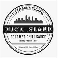 CLEVELAND'S ORIGINAL DUCK ISLAND GOURMET CHILI SAUCE HOT DOGS · NACHOS · FRIES MADE WITH 100% GRASS-FED BEEF