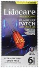 FROM THE MAKERS OF BLUE-EMU LIDOCARE 4%LIDOCAINE PAIN RELIEF PATCH ARM, NECK & LEG PATENT PENDING PRESSURE ADHESIVE PATCH PATCH SIZE 1.25" X 6" MADE IN THE USA ULTRA-FLEXIBLE ODOR-FREE FOR THE TEMPORARY RELIEF OF PAIN 6 PATCHES 2 PATCHES PER POUCH
