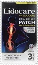 FROM THE MAKERS OF BLUE-EMU LIDOCARE 4%LIDOCAINE PAIN RELIEF PATCH BACK/SHOULDER PATENT PENDING PRESSURE ADHESIVE PATCH PATCH SIZE 2.5" X 6" MADE IN THE USA ULTRA-FLEXIBLE ODOR-FREE FOR THE TEMPORARY RELIEF OF PAIN 3 PATCHES 1 PATCH PER POUCH