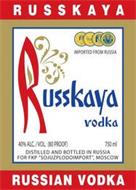 RUSSKAYA IMPORTED FROM RUSSIA RUSSKAYA VODKA  DISTILLED AND BOTTLED IN RUSSIA FOR FKP 'SOJUZPLODOIMPORT', MOSCOW RUSSIAN VODKA