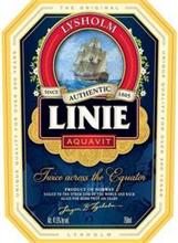 LYSHOLM LINIE AQUAVIT TWICE ACROSS THE EQUATOR THE ORIGINAL UNIQUE QUALITY FOR OVER 200 YEARS LYSHOLM PRODUCT OF NORWAY SAILED TO THE OTHER SIDE OF THE WORLD AND BACK AGAIN FOR MORE THAN 200 YEARS