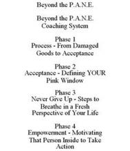 BEYOND THE P.A.N.E. BEYOND THE P.A.N.E. COACHING SYSTEM PHASE 1 PROCESS - FROM DAMAGED GOODS TO ACCEPTANCE PHASE 2 ACCEPTANCE - DEFINING YOUR PINK WINDOW PHASE 3 NEVER GIVE UP - STEPS TO BREATHE IN A FRESH PERSPECTIVE OF YOUR LIFE PHASE 4 EMPOWERMENT - MOTIVATING THAT PERSON INSIDE TO TAKE ACTION