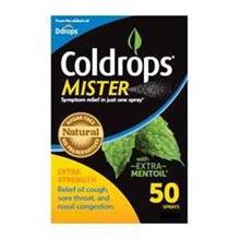 FROM THE MAKERS OF DDROPS COLDROPS MISTER "SYMPTOM RELIEF IN JUST ONE SPRAY" NATURAL SUGAR FREE NO PRESERVATIVES WITH -EXTRA- MENTOIL EXTRA STRENGTH RELIEF OF COUGH, SORE THROAT, AND NASAL CONGESTION 50 SPRAYS