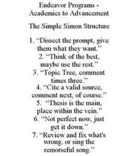 ENDEAVOR PROGRAMS - ACADEMICS TO ADVANCEMENT THE SIMPLE SIMON STRUCTURE 1. "DISSECT THE PROMPT, GIVE THEM WHAT THEY WANT." 2. "THINK OF THE BEST, MAYBE USE THE REST." 3. "TOPIC TREE, COMMENT TIMES THREE." 4. "CITE A VALID SOURCE, COMMENT NEXT, OF COURSE." 5. "THESIS IS THE MAIN, PLACE WITHIN THE VEIN." 6. "NOT PERFECT NOW, JUST GET IT DOWN." 7. "REVIEW AND FIX WHAT