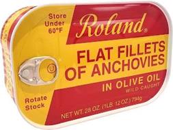 ROLAND FLAT FILLETS OF ANCHOVIES IN OLIVE OIL WILD CAUGHT STORE UNDER 60°F ROTATE STOCK NET WT.28 OZ. (1LB. 12OZ.) 794G