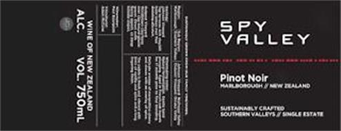 SPY VALLEY PINOT NOIR MARLBOROUGH // NEW ZEALAND SUSTAINABLY CRAFTED SOUTHERN VALLEYS//SINGLE ESTATE SUSTAINABLY GROWN FROM OUR FAMILY VINEYARDS REGION: SUB REGIONS: GEOLOGY: WINEMAKING NOTES: WINEMAKER: VITICULTURIST: WINE OF NEW ZEALAND ALC. VOL. 750ML SPY VALLEY WINES