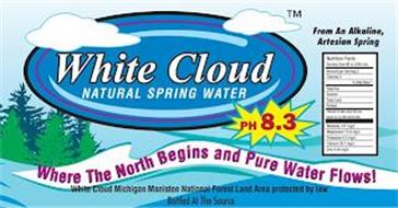 WHITE CLOUD NATURAL SPRING WATER FROM AN ALKALINE, ARTESIAN SPRING PH 8.3 WHERE THE NORTH BEGINS AND PURE WATER FLOWS! WHITE CLOUD MICHIGAN MANISTEE NATIONAL FOREST LAND AREA PROTECTED BY LAW BOTTLED AT THE SOURCE