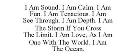 I AM SOUND. I AM CALM. I AM FUN. I AM TENACIOUS. I AM SEE THROUGH. I AM DEPTH. I AM THE STORM IF YOU CROSS THE LIMIT. I AM LOVE, AS I AM ONE WITH THE WORLD. I AM THE OCEAN.