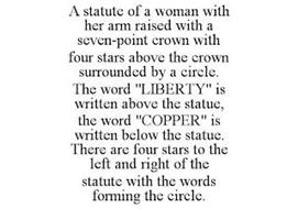 A STATUTE OF A WOMAN WITH HER ARM RAISED WITH A SEVEN-POINT CROWN WITH FOUR STARS ABOVE THE CROWN SURROUNDED BY A CIRCLE. THE WORD 