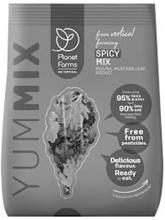 YUMMIX PLANET FARMS GO VERTICAL FROM VERTICAL FARMING SPICY MIX MIZUNA, MUSTARD LEAF, ROCKET GROWN USING 95% LESS WATER AND 90% LESS SOIL THAN OPEN-FIELD FARMING. FREE FROM PESTICIDES. DELICIOUS FLAVOUR. READY TO EAT. TO FIND OUT MORE, TURN ME ROUND!