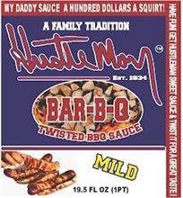 MY DADDY SAUCE A HUNDRED DOLLARS A SQUIRT! HAVE FUN GET HUSTLEMAN SWEET SAUCE & TWIST IT FOR A GREAT TASTE! A FAMILY TRADITION HUSTLEMAN EST.1934 BAR-B-Q TWISTED BBQ SAUCE MILD 19.5 FL OZ(1PT)