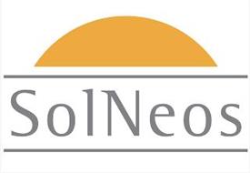 THE NAME SOLNEOS IN GREY BETWEEN PARALLEL GREY LINES WITH THE IMAGE OF A HALF SUN IN YELLOW ABOVE THE TOP PARALLEL LINE