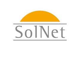 THE NAME SOLNET IN GREY WITH TWO PARALLEL GREY LINES ABOVE AND BELOW THE NAME WITH A HALF YELLOW SUN CENTERED ABOVE THE TOP LINE AND ABOVE THE NAME SOLNET