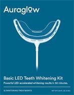 AURAGLOW BASIC LED TEETH WHITENING KIT POWERFUL LED-ACCELERATED WHITENING RESULTS IN 30 MINUTES. 12 WHITENING TREATMENTS NET WT 0.20 FL. OZ (6 ML)