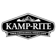 A NON-UNIFORM HEXAGON WITH SMALLER ARCUATE GENERALLY VERTICAL SIDE EDGES WITH A SPACED FROM THE BORDER BACKGROUND HAVING KAMP-RITE BETWEEN THE ARCUATE SIDE EDGES, A MOUNTAIN SCENE ABOVE, AND EST.1998 BELOW KAMP-RITE; ALLTEXT BEING ON THE BACKGROUND, AND HAVING A SLIGHTLY ARCUATE BANNER WITH NOTCHED OUT SIDES, OVERLAPPING THE HEXAGON, AND BEARING THE WORDS THE ORIGINAL TENT COT DISPOSED BENEATH KAM