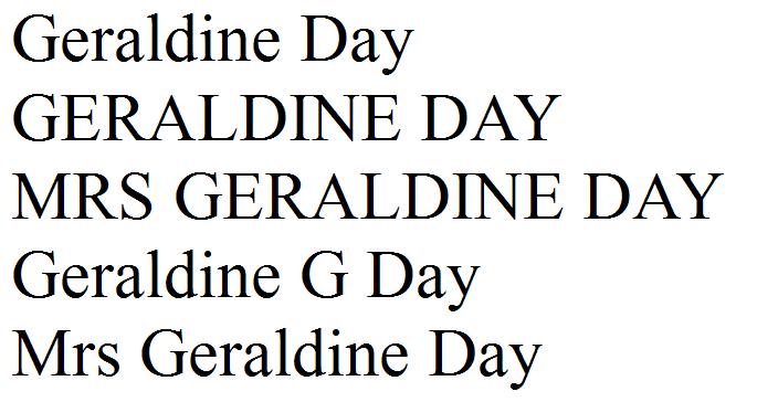 Geraldine Day
GERALDINE DAY 
MRS GERALDINE DAY
Geraldine G Day
Mrs Geraldine Day